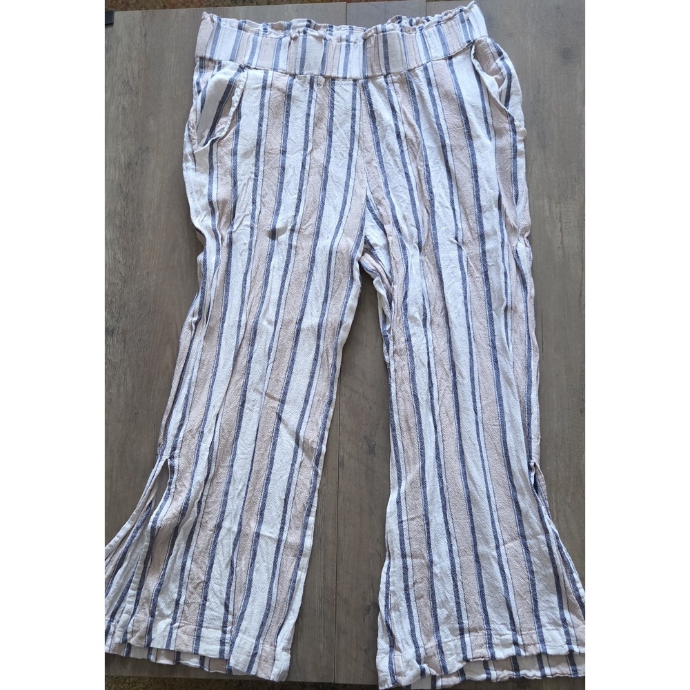 Indigo Rein Striped Blue/ Tan/ Cream Linen Pants Women L Beach Boho (22" Inseam)